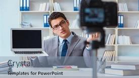  Presentation with blogger - Slide set with business blogger doing webcast for his subscribers background and a light blue colored foreground