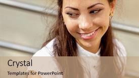  Presentation with happy smiling woman dental health - Audience pleasing PPT layouts consisting of business blue simple free - woman smiling and looking aside backdrop and a coral colored foreground