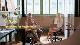  Presentation with coworkers - Beautiful slide set featuring business booth - three coworkers in a team backdrop and a tawny brown colored foreground