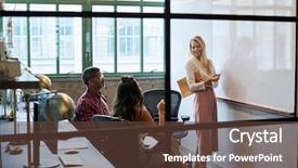  Presentation with virtual team meeting - Amazing presentation design having business booth - woman at whiteboard in team backdrop and a tawny brown colored foreground