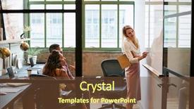  Presentation with virtual team meeting - Colorful presentation theme enhanced with business booth - woman at whiteboard in team backdrop and a tawny brown colored foreground