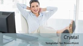  Presentation with relaxing - Cool new slide deck with asian engineer woman show victory sign with a clock isolated on white background backdrop and a gray colored foreground