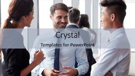  Presentation with group - Slide deck enhanced with group of businesspeople having informal office meeting background and a light blue colored foreground