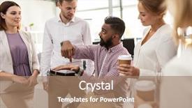  Presentation with people talking - Slide set consisting of business break communication and people concept - happy creative team drinking coffee and talking at office background and a coral colored foreground