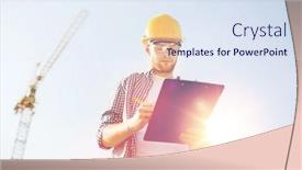  Presentation with paperwork - Colorful PPT layouts enhanced with business building paperwork and people concept - builder in hardhat with clipboard outdoors backdrop and a sky blue colored foreground