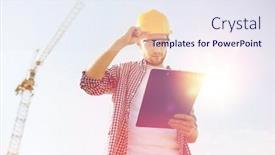  Presentation with paperwork - Slide deck featuring business building paperwork and people concept - builder in hardhat with clipboard outdoors background and a sky blue colored foreground