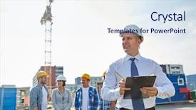  Presentation with business building blocks - Audience pleasing PPT layouts consisting of business building teamwork and people backdrop and a sky blue colored foreground