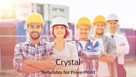  Presentation with teamwork - Beautiful PPT theme featuring business building teamwork and people backdrop and a coral colored foreground