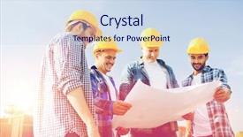  Presentation with business building blocks - Beautiful theme featuring business building teamwork and people backdrop and a sky blue colored foreground