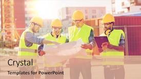  Presentation with building construction - PPT layouts having business building teamwork construction background and a lemonade colored foreground