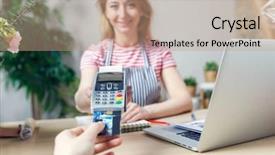  Presentation with pos - Beautiful slide set featuring business buy sell system - pos-terminal in the shop backdrop and a  colored foreground