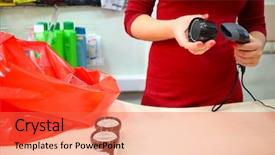  Presentation with plastic bag - Slide set featuring business buy sell system - red bag female hands register background and a red colored foreground