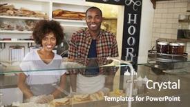  Presentation with african american black couple - Colorful PPT layouts enhanced with business cafe - black couple waiting behind backdrop and a violet colored foreground