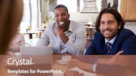  Presentation with coffee shop - Beautiful PPT theme featuring business cafe - group of businesspeople having meeting backdrop and a coral colored foreground