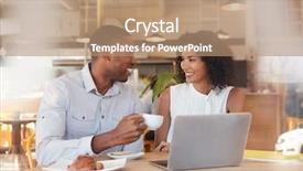  Presentation with college coffee shop - Colorful presentation design enhanced with business cafe - two businesspeople meet in coffee backdrop and a coral colored foreground