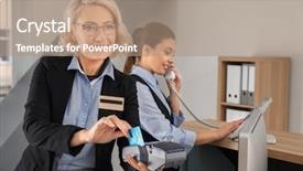  Presentation with hospitality hotel reception female receptionist - Presentation design having business card administration services - female receptionist receiving payment background and a  colored foreground