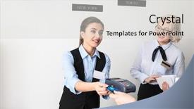  Presentation with hospitality hotel reception female receptionist - Beautiful presentation design featuring business card administration services - female receptionist receiving payment backdrop and a  colored foreground