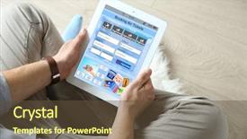  Presentation with hotels - Cool new PPT theme with business card administration services - man holding tablet with screen backdrop and a tawny brown colored foreground