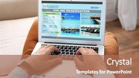  Presentation with young man holdng laptop on lap money - Presentation consisting of business card administration services - man using laptop to book background and a coral colored foreground