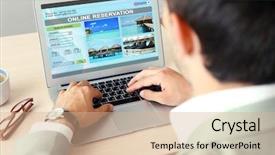  Presentation with hotel - Slide deck having business card administration services - man using laptop to book background and a coral colored foreground