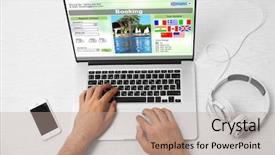  Presentation with korean hotel - Presentation theme with business card administration services - man using laptop to book background and a coral colored foreground