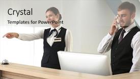  Presentation with hot work - Cool new presentation design with business card administration services - two hotel receptionists at work backdrop and a light gray colored foreground