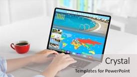  Presentation with hotel - Presentation theme featuring business card administration services - woman using laptop to book background and a soft green colored foreground