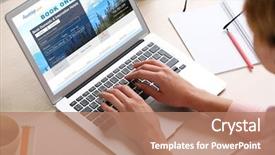  Presentation with hotel - PPT theme featuring business card administration services - woman using laptop to book background and a coral colored foreground