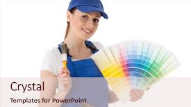  Presentation with color - Beautiful PPT theme featuring business card home - young woman in coverall backdrop and a lemonade colored foreground