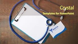  Presentation with clipboard stethoscope - Cool new presentation design with business card on wooden background backdrop and a tawny brown colored foreground
