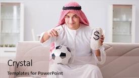  Presentation with football - Beautiful presentation theme featuring business card soccer - young arab man watching football backdrop and a  colored foreground