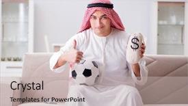  Presentation with football - Colorful presentation theme enhanced with business card soccer - young arab man watching football backdrop and a  colored foreground