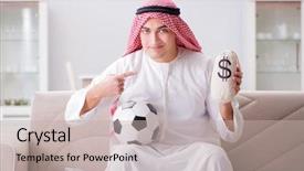  Presentation with football - Slide deck with business card soccer - young arab man watching football background and a mint green colored foreground