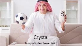  Presentation with football - Presentation theme having business card soccer - young arab man watching football background and a coral colored foreground