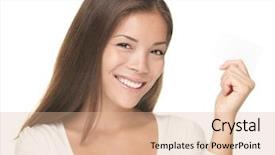  Presentation with young business woman smile show - PPT layouts enhanced with business card woman young casual background and a coral colored foreground