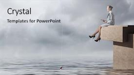  Presentation with fishing - Presentation design with young businesswoman sitting on top of building and fishing background and a light gray colored foreground