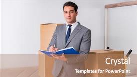  Presentation with pharmaceutical delivery - Slides enhanced with business case property - man signing for the delivery background and a  colored foreground