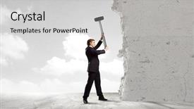  Presentation with wall falling - Presentation theme having business challenge - young determined businessman crashing wall background and a light gray colored foreground