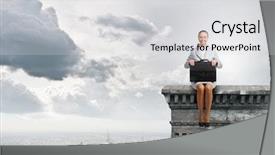  Presentation with challenge - PPT layouts featuring business challenge - young pretty businesswoman sitting background and a light gray colored foreground