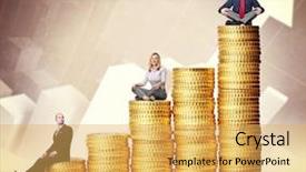  Presentation with piles - Slide deck featuring business charts graphs - people on euro coin piles background and a yellow colored foreground