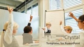  Presentation with children questions - PPT theme consisting of business-children-at-a-presentation background and a soft green colored foreground