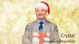  Presentation with christmas presents - Slide set enhanced with business christmas presents and people concept - smiling senior man in suit and santa helper hat with gift over yellow lights background background and a lemonade colored foreground