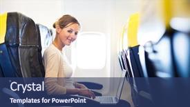  Presentation with computer - PPT theme with business class - young woman working on her background and a ocean colored foreground