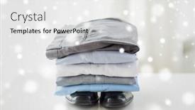  Presentation with trousers - PPT layouts having business clothes housekeeping and objects concept - close up of ironed and folded shirts trousers and formal shoes on table at home over snow effect background and a white colored foreground