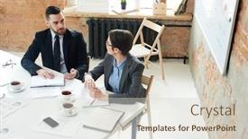  Presentation with events - Slide deck featuring business co-workers organizing new events in office background and a soft green colored foreground