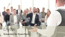  Presentation with coach - Presentation design with business-coach-at-a-meeting background and a soft green colored foreground