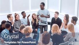  Presentation with coach - PPT theme with business-coach-conducts-a-seminar background and a ocean colored foreground