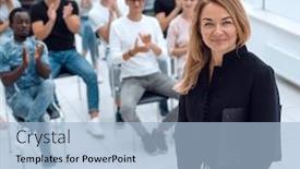  Presentation with audience - PPT layouts consisting of business-coach-standing-in-front background and a light blue colored foreground