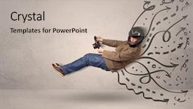  Presentation with autonomous vehicle - Presentation theme having business cocept automotive - funny man driving a flying background and a  colored foreground