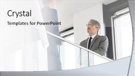  Presentation with railing - PPT layouts having business colleagues discussing by railing background and a  colored foreground